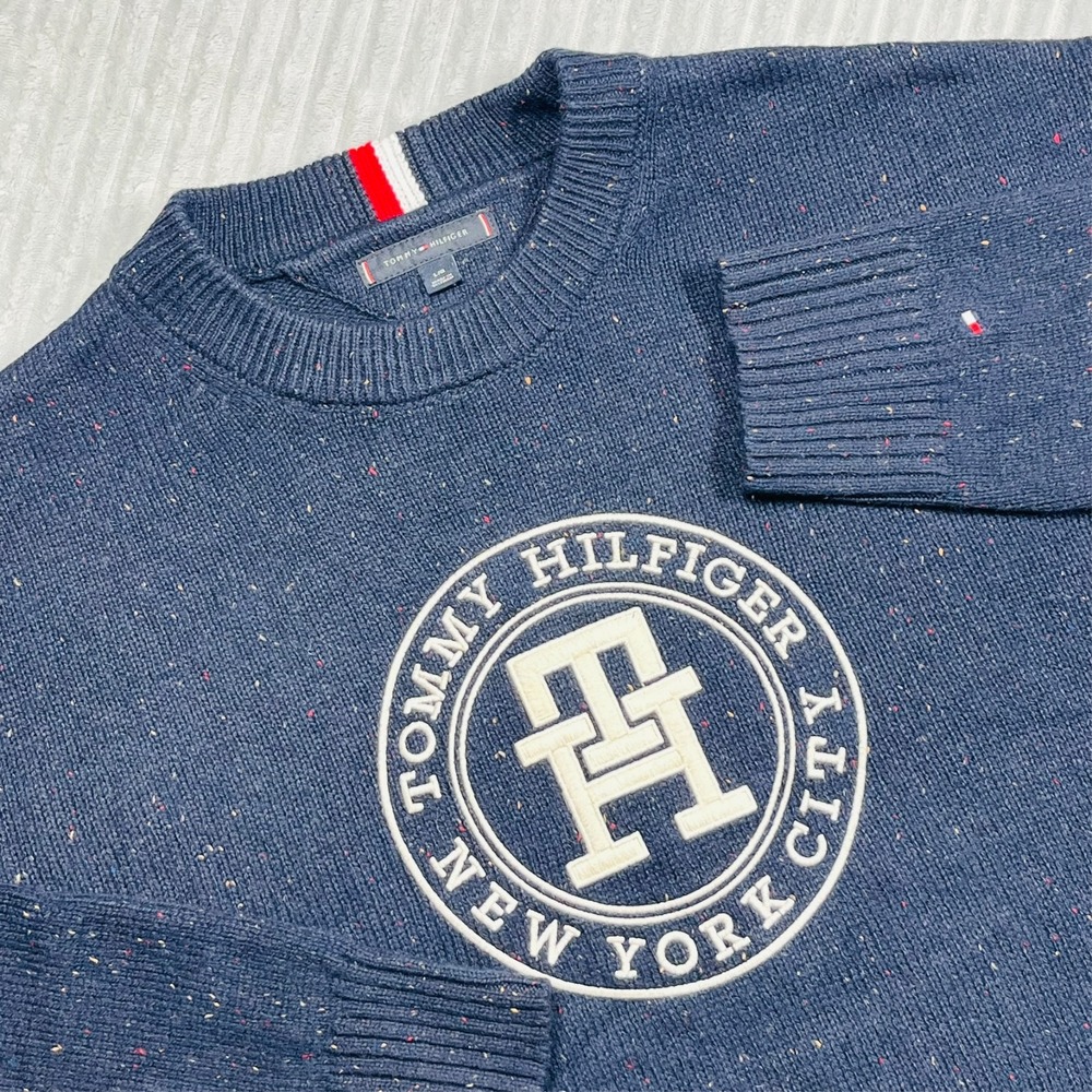 Tommy Hilfiger Wool Blend Sweater Mens L Embroidered Logo Preppy Casual Navy NYC